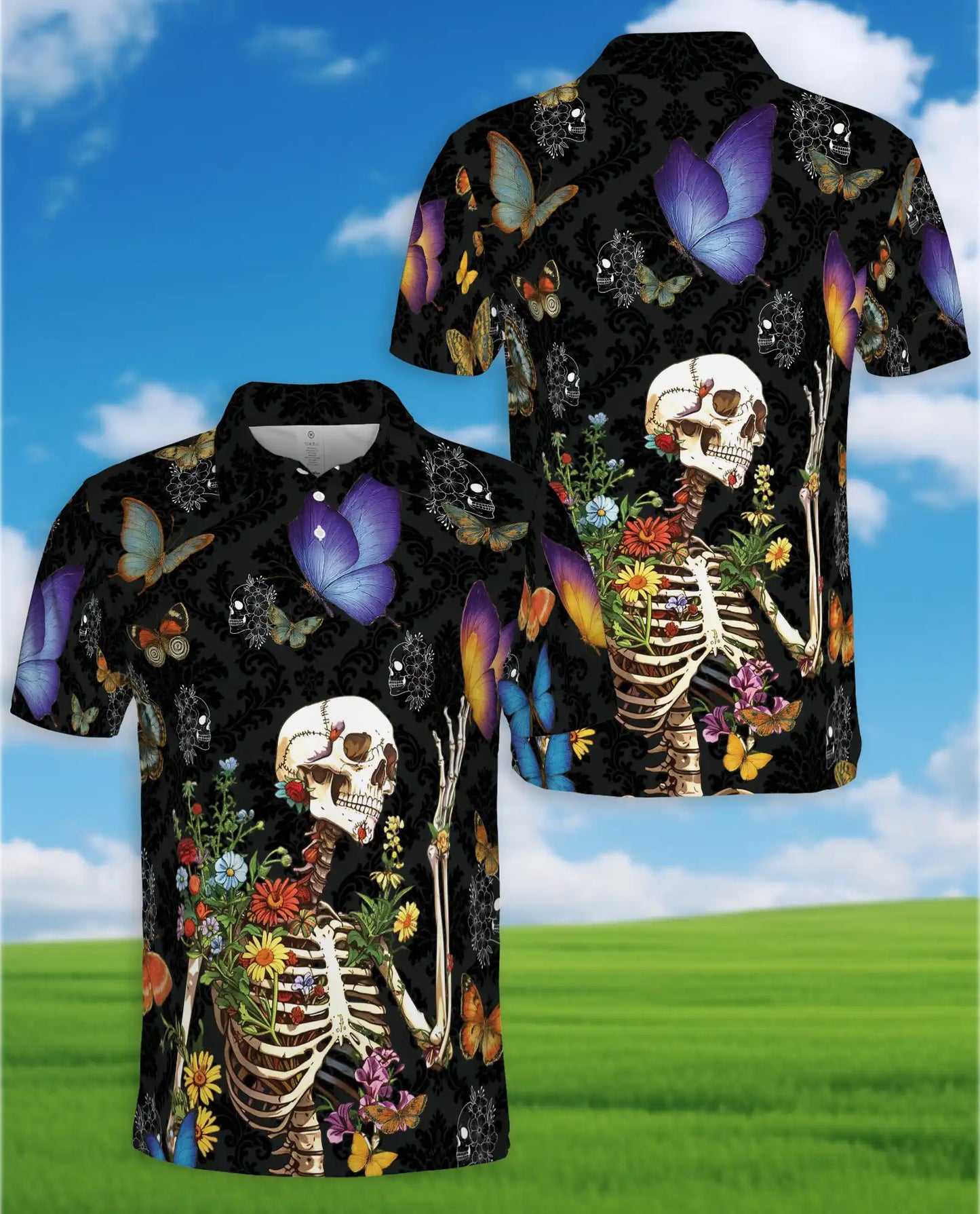 Floral Skeleton Polo Shirt for Men, Gothic Butterfly Design | Azhawaiian