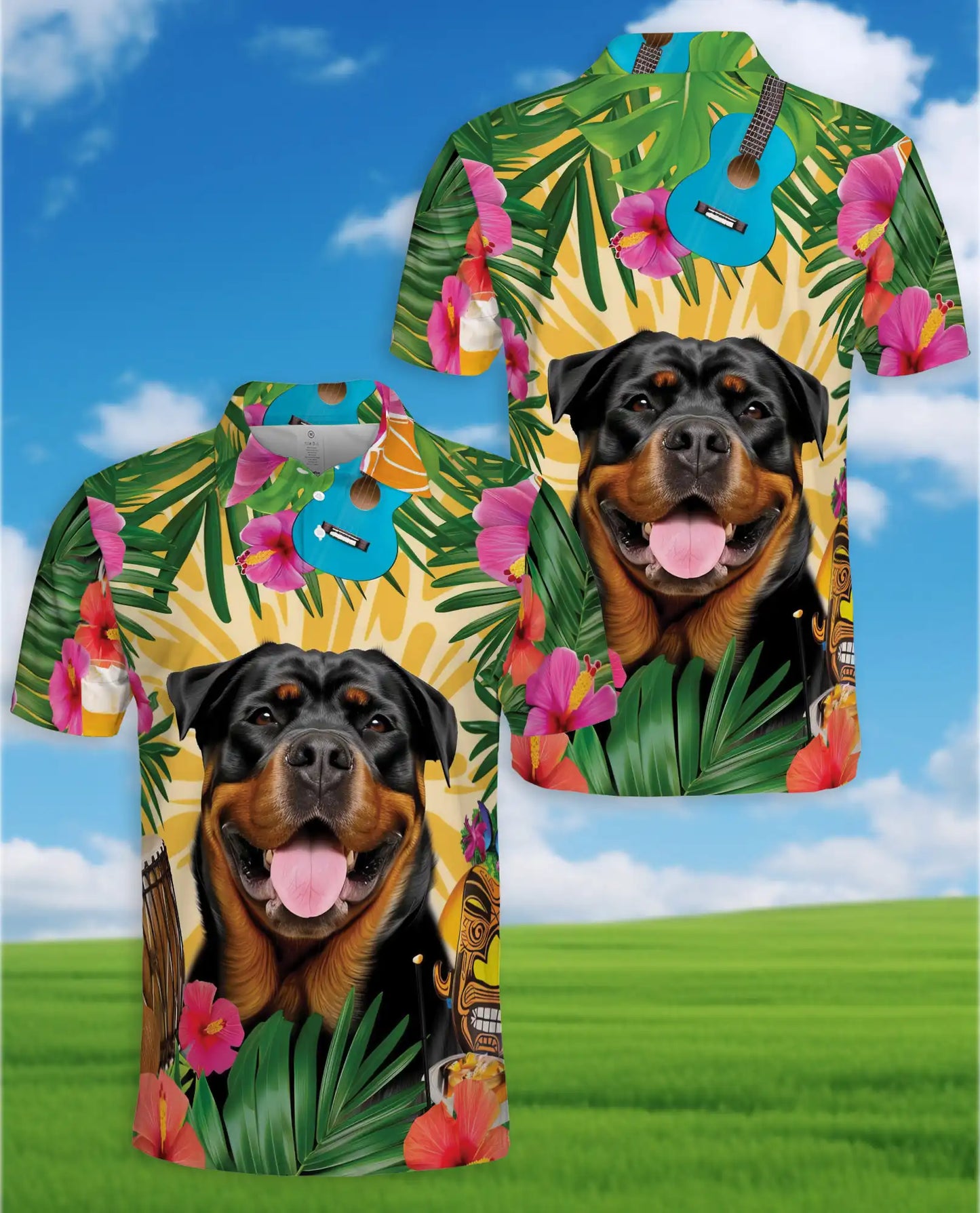 Rottweiler Tropical Polo Shirt For Men- Dog Beach Summer Island Aloha| Azhawaiian