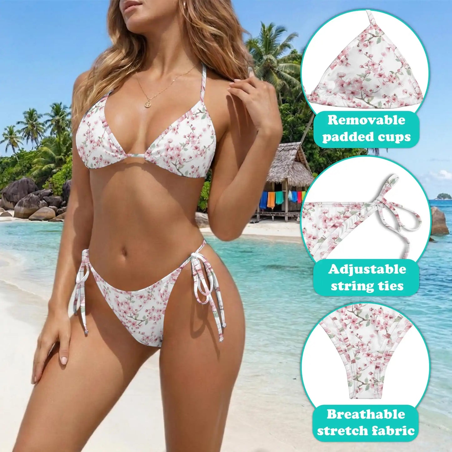 Sakura Cherry Blossom Bikini Set for Women, Two Piece Swimsuit, Japanese Floral Beachwear | Azhawaiian