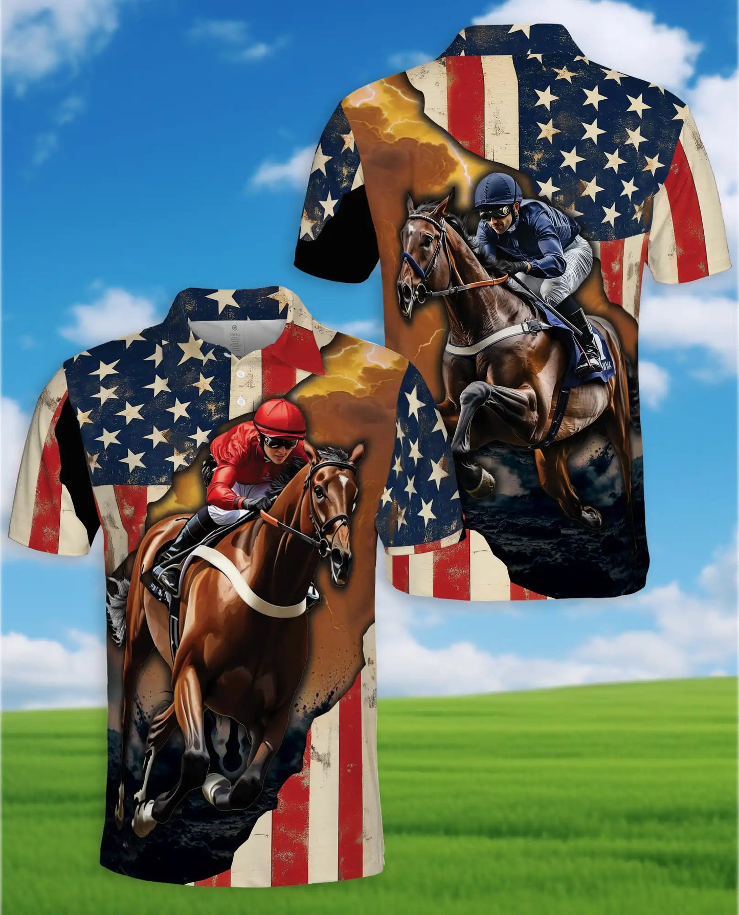 Red Horse Racing American Flag 3D Polo Shirt | Azhawaiian