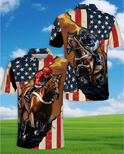 Red Horse Racing American Flag 3D Polo Shirt | Azhawaiian