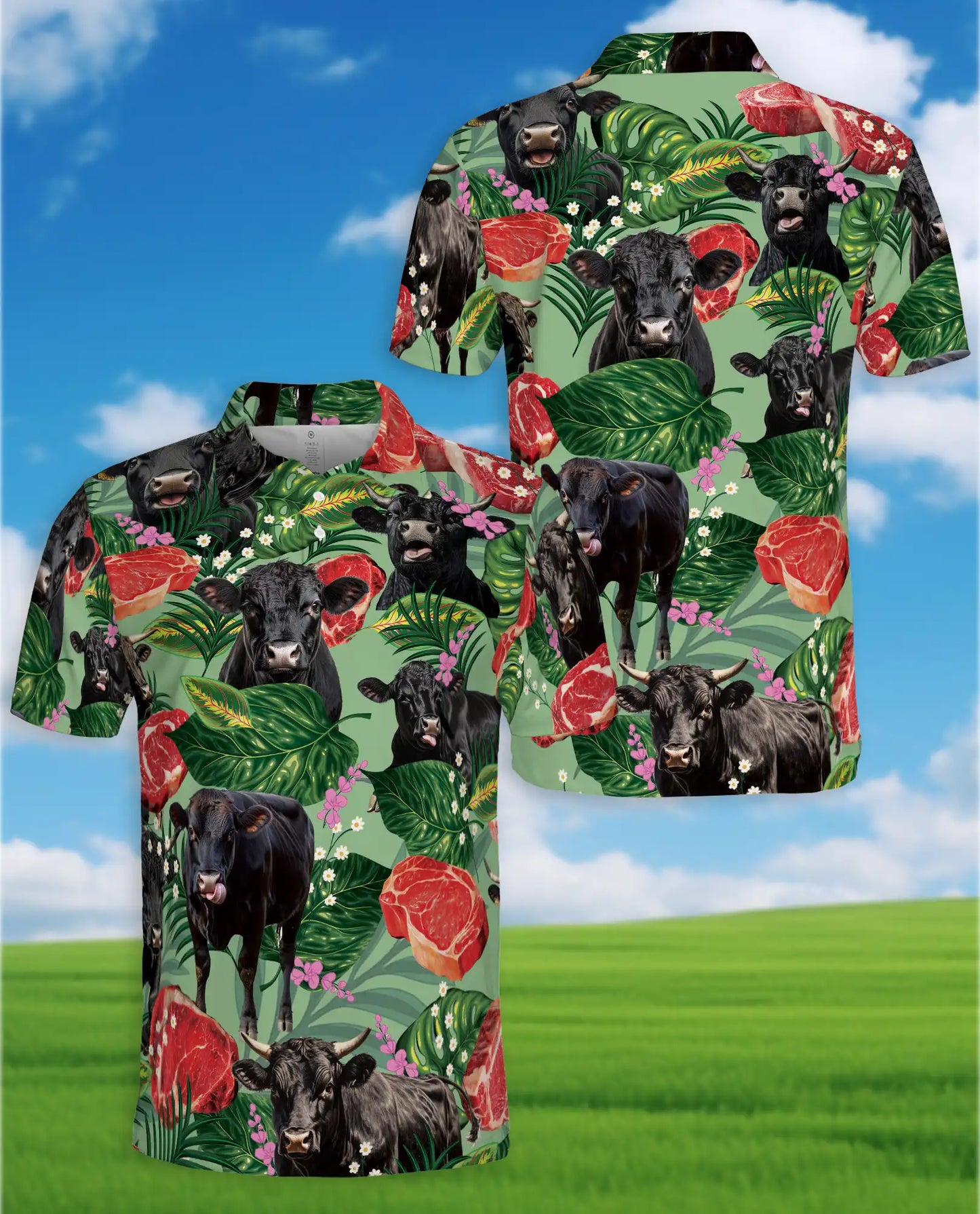 Tropical Black Angus Cattle Polo Shirt for Men, Funny Cow Meat Print | Azhawaiian