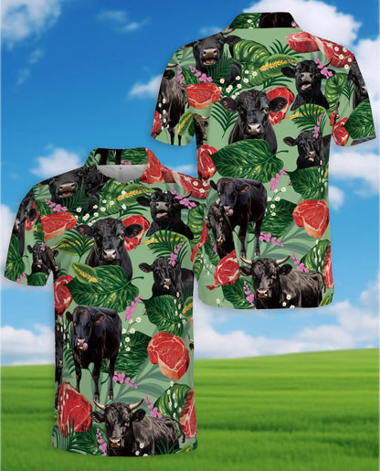 Tropical Black Angus Cattle Polo Shirt for Men, Funny Cow Meat Print | Azhawaiian