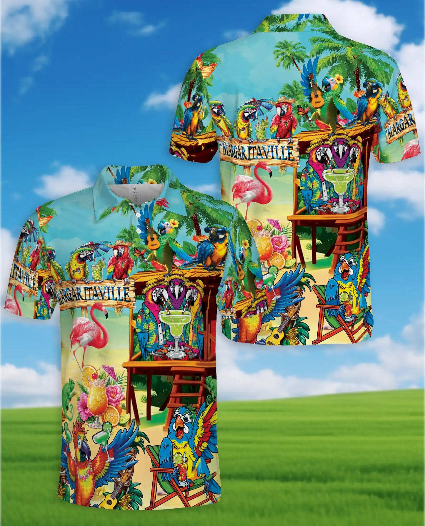 Parrot Tiki Bar Polo Shirt for Men, Tropical Party Style | Azhawaiian