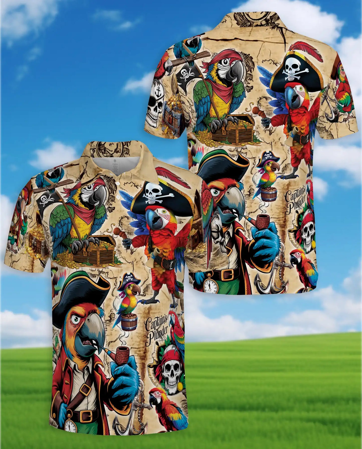 Pirate Parrot Polo Shirt for Men, Treasure Map Party Style | Azhawaiian