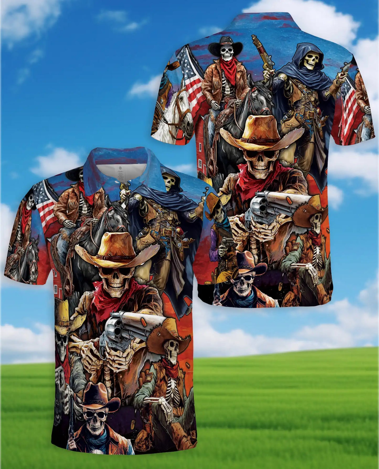 Skeleton Cowboy Polo Shirt - Wild West Outlaw Style | Azhawaiian