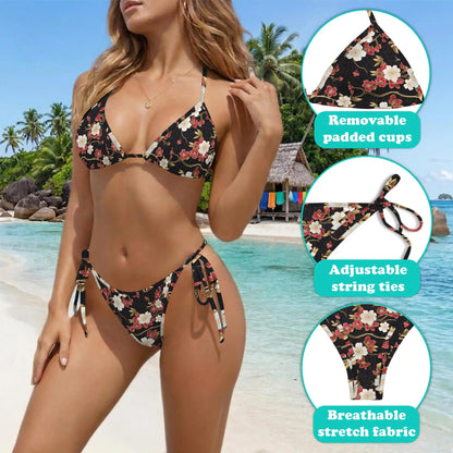 Vintage Sakura Blossom Bikini Set for Women, Two Piece Swimsuit, Japanese Floral Beachwear | Azhawaiian