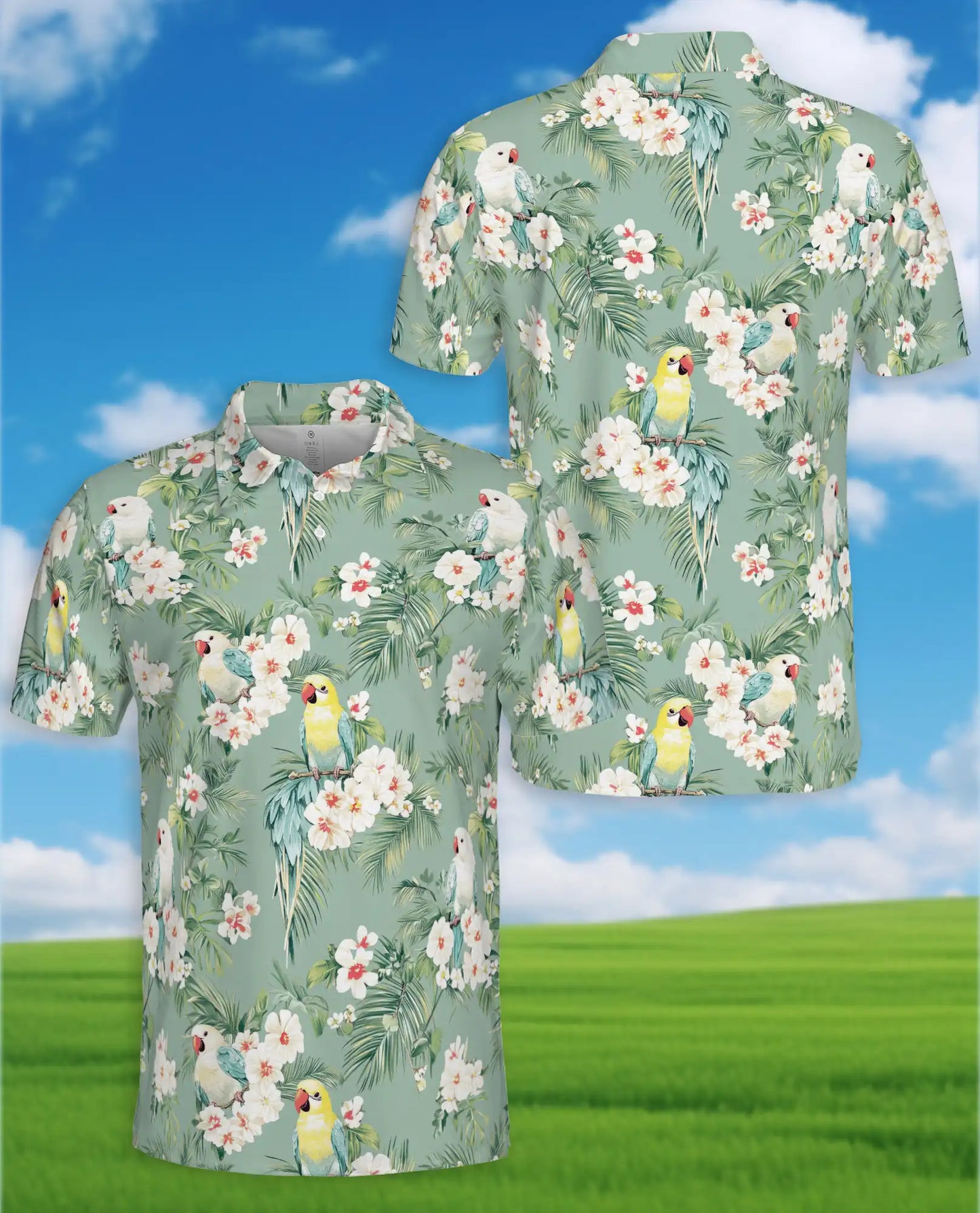 Tropical Parakeet Polo Shirt - Floral Bird Garden Style | Azhawaiian