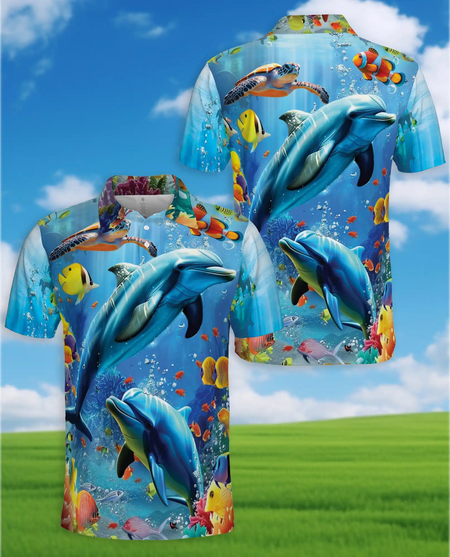 Underwater Dolphin Polo Shirt for Men, Tropical Ocean Sea Style | Azhawaiian