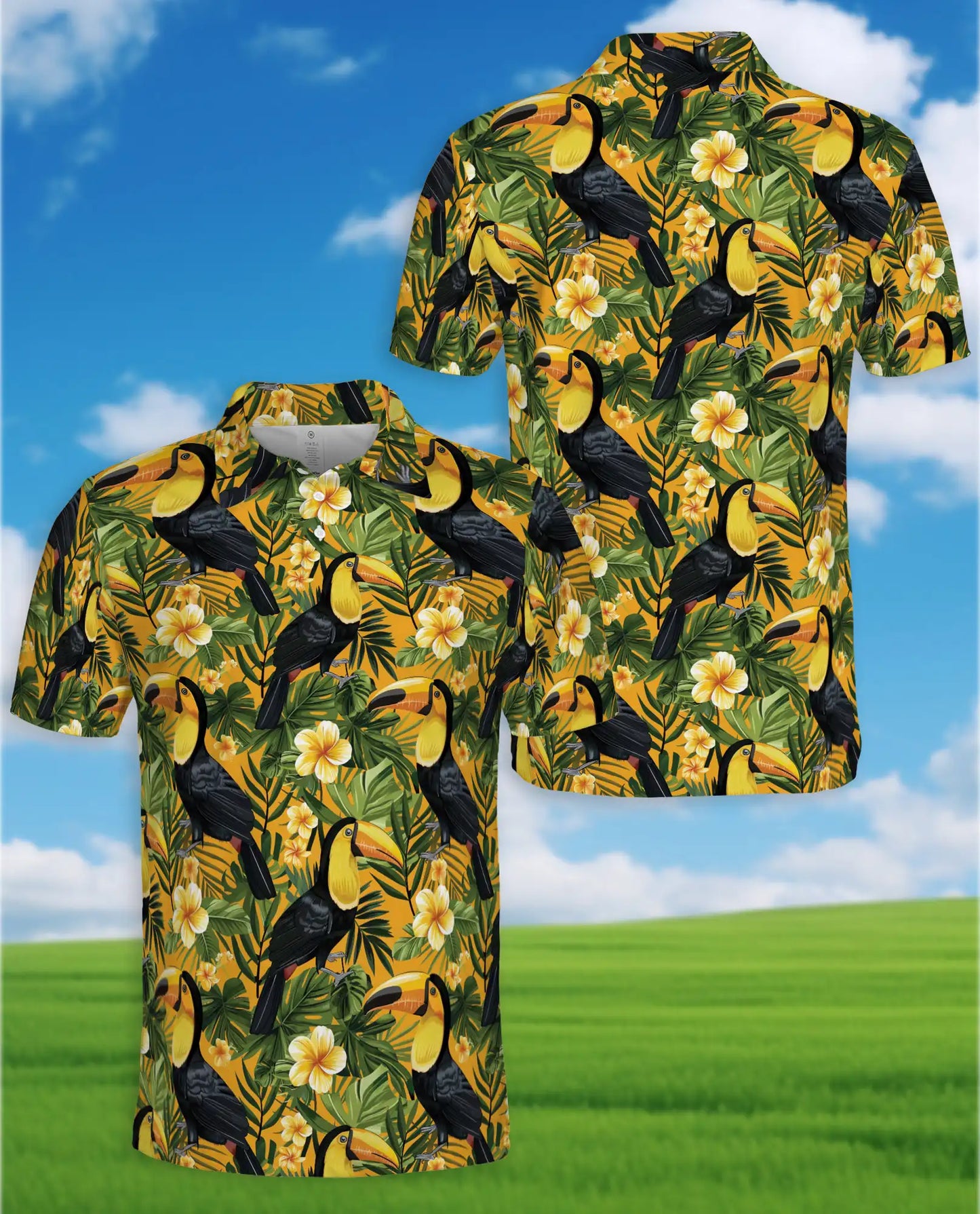 Toucan Tropical Floral Polo Shirt for Men-Jungle Bird Hawaiian Style | Azhawaiian