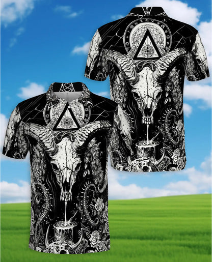 Dark Ram Skull Occult Polo Shirt for Men- Horror Black White Fantasy | Azhawaiian