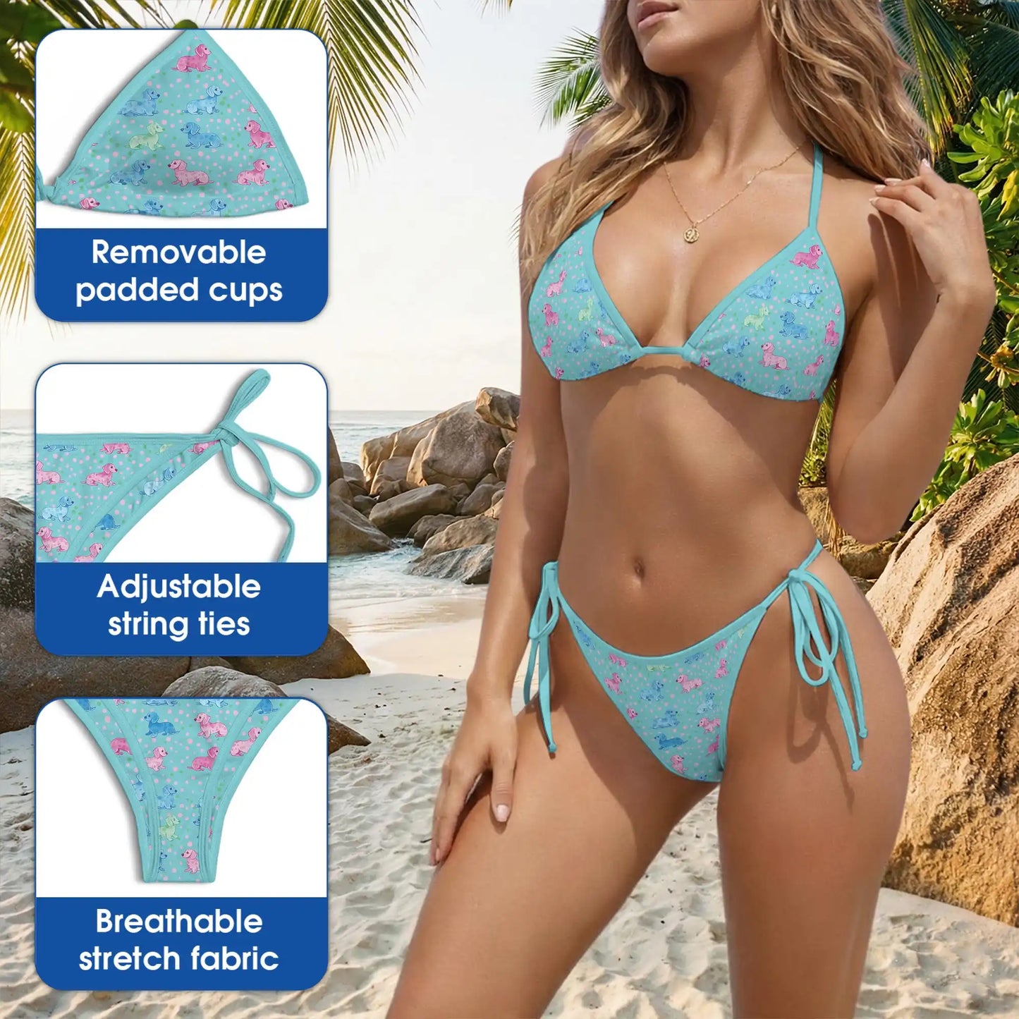 Cute Dachshund Bikini Set, Dog Lover Two Piece Swimsuit | Azhawaiian