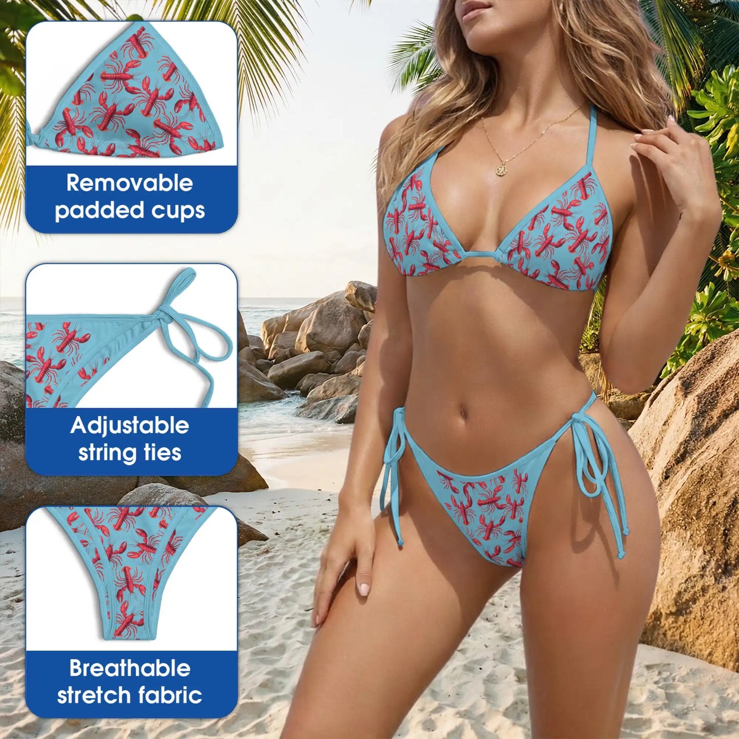 Red Lobster Bikini Set for Women, Two Piece Swimsuit, Lobster Print Beachwear | Azhawaiian