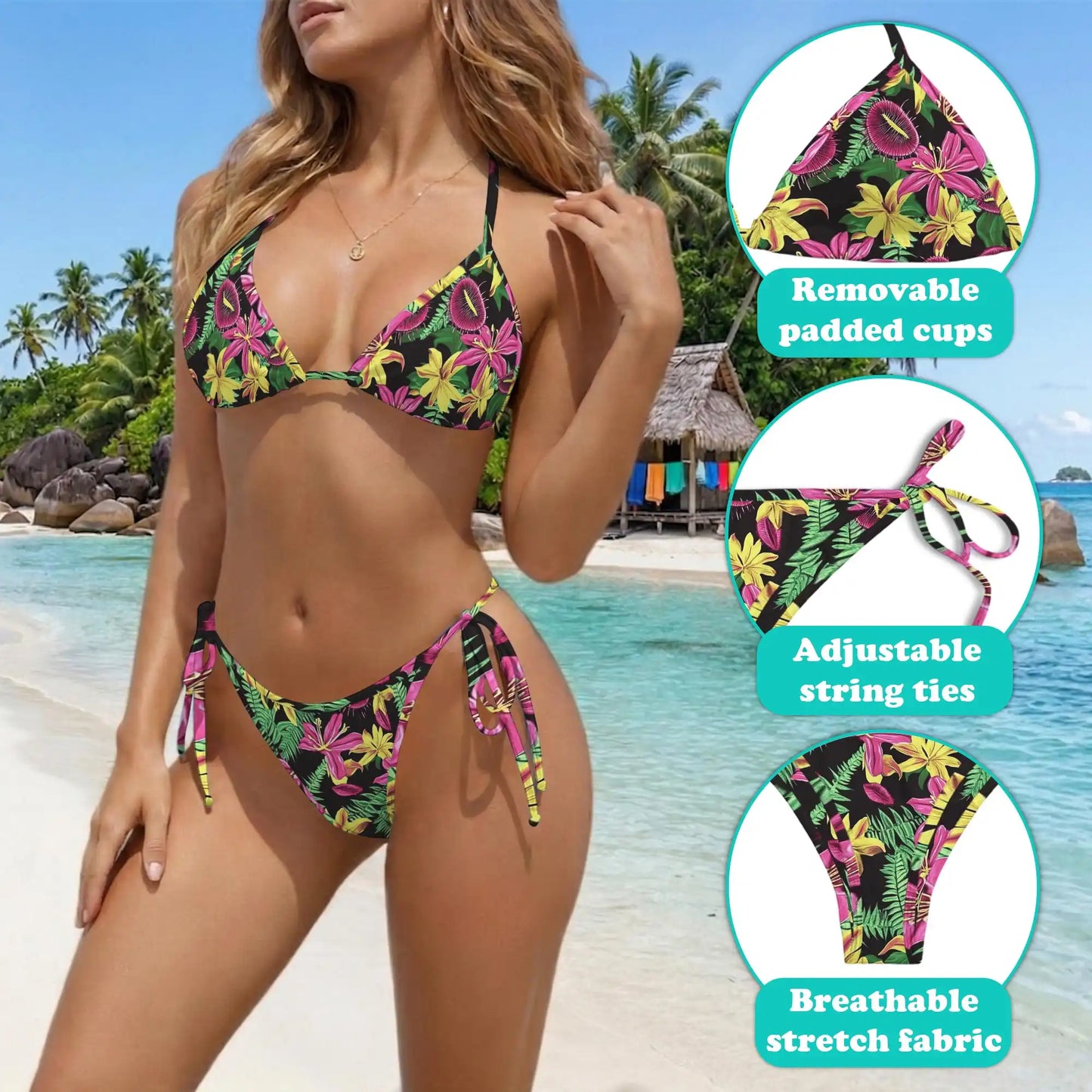 Flower Chunk Bikini Set for Women, Two Piece Swimsuit, Vibrant Floral Print Beachwear | Azhawaiian