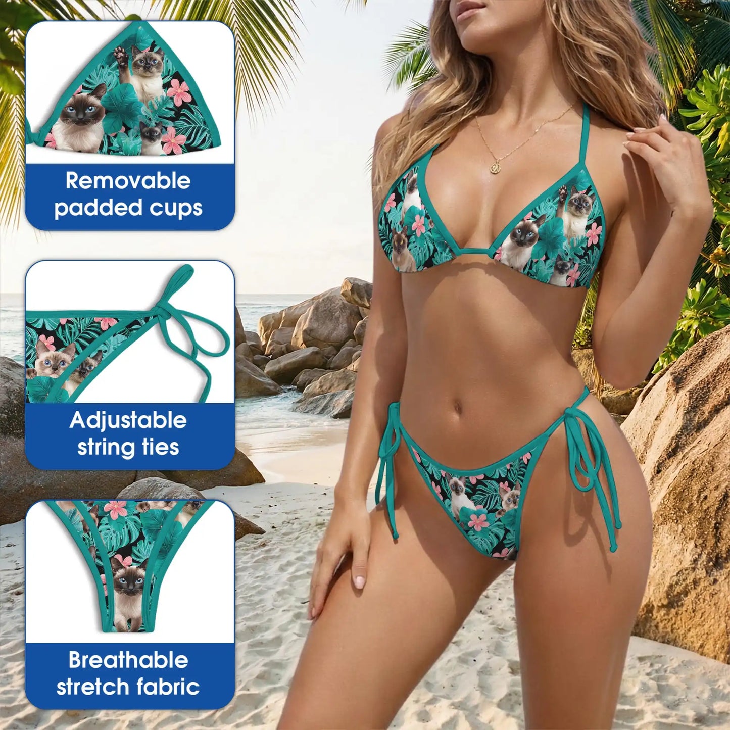 Siamese Cat Flowers Bikini Set For Women, Two Piece Swimsuit| Azhawaiian