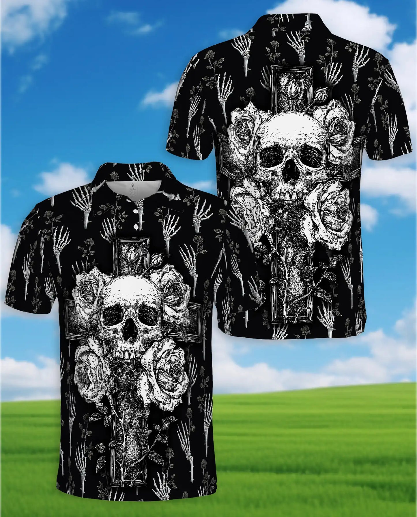 Gothic Skull Cross Polo Shirt - Dark Floral Horror Style | Azhawaiian