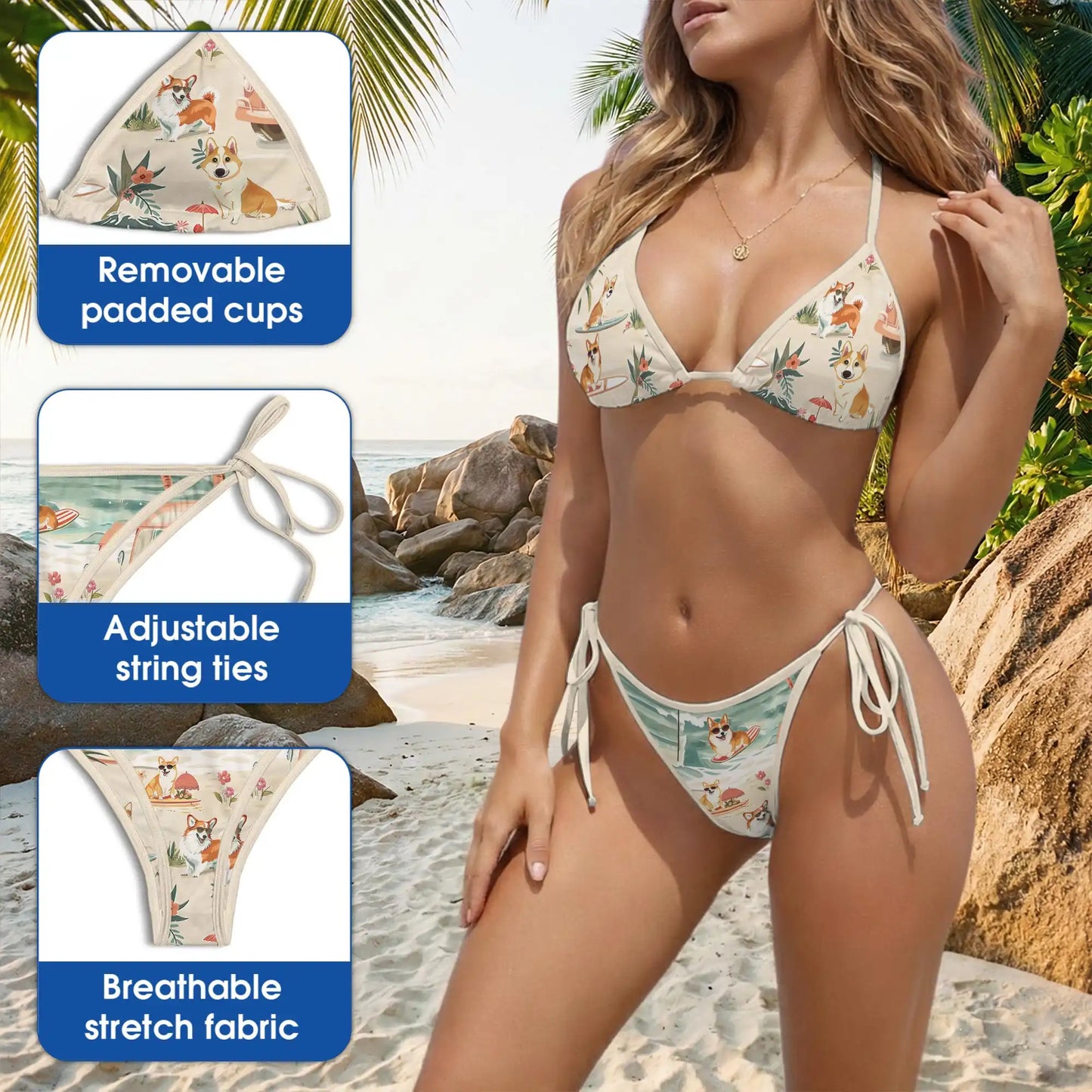 Cute Corgi Bikini Set, Tropical Dog Lover Two Piece Swimsuit | Azhawaiian