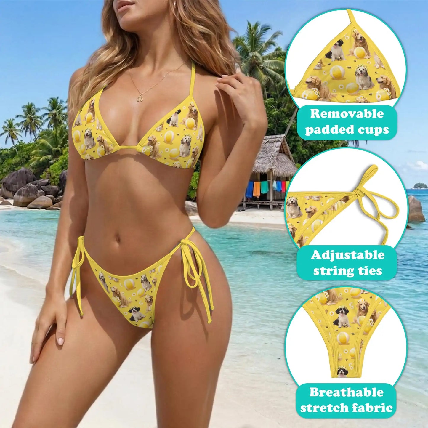 Cute Dog Pattern Bikini Set for Women, Two Piece Swimsuit, Puppy Tennis Beachwear | Azhawaiian