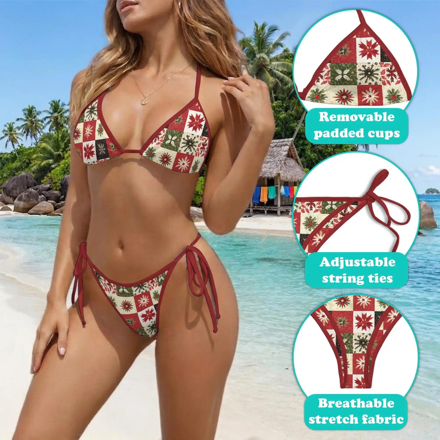 Christmas Quilt Bikini Set for Women, Two Piece Swimsuit, Festive Holiday Beachwear | Azhawaiian