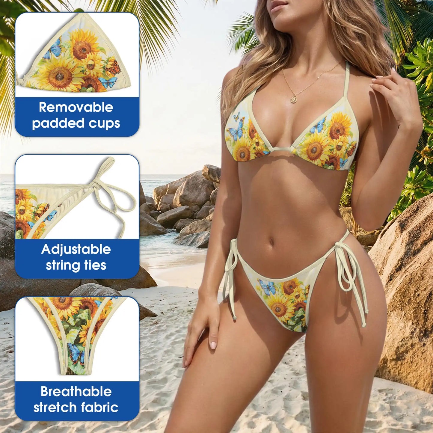 Sunflower Butterfly Bikini Set, Floral Nature Two Piece Swimsuit | Azhawaiian