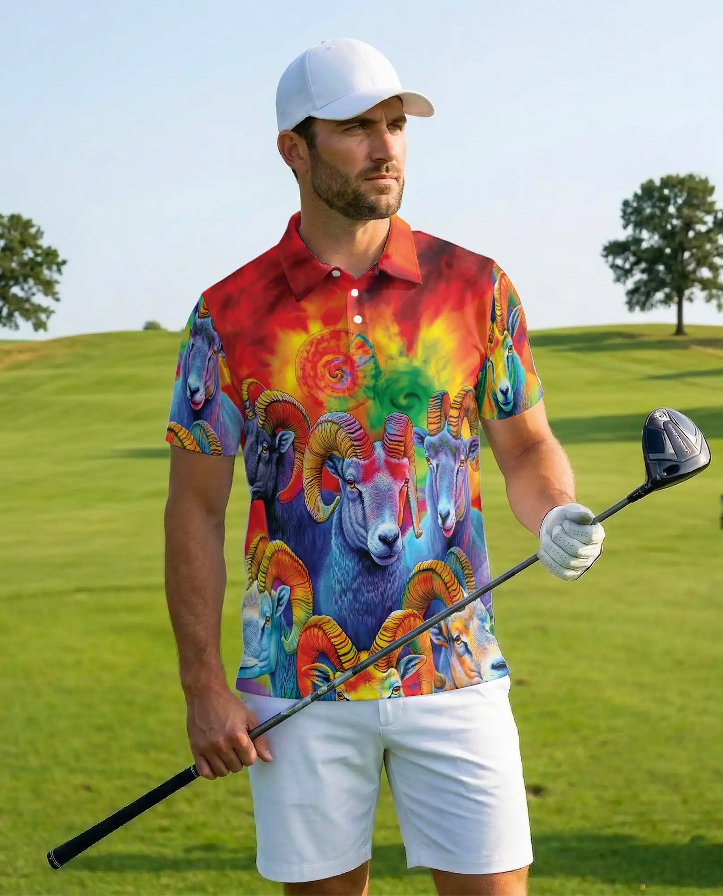 Psychedelic Ram Polo Shirt, Colorful Bighorn Sheep Print | Azhawaiian
