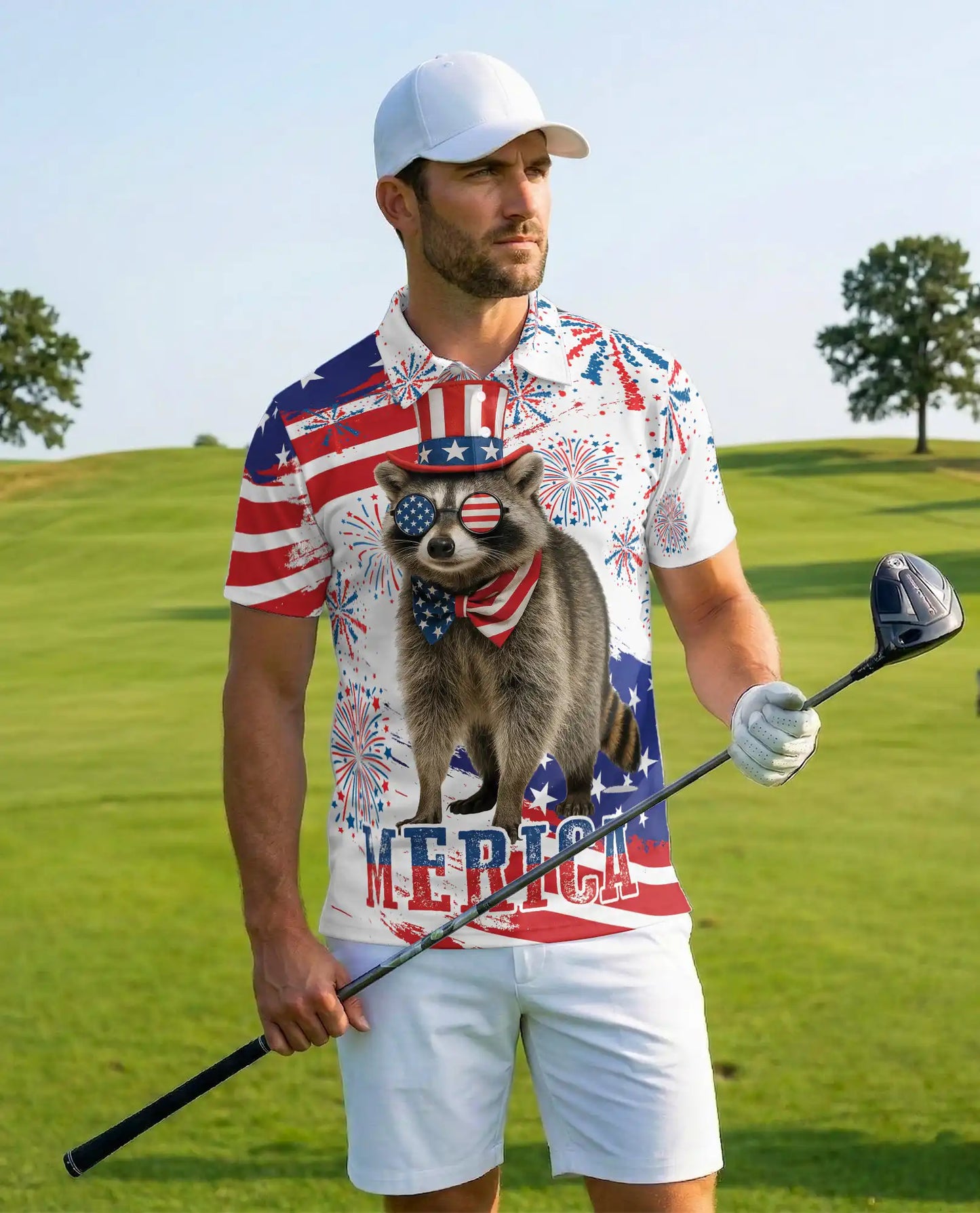 Patriotic Raccoon Polo Shirt for Men, USA Holiday Style | Azhawaiian
