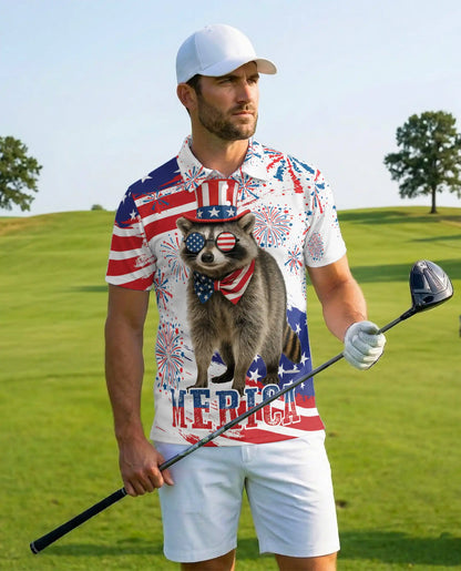 Patriotic Raccoon Polo Shirt for Men, USA Holiday Style | Azhawaiian
