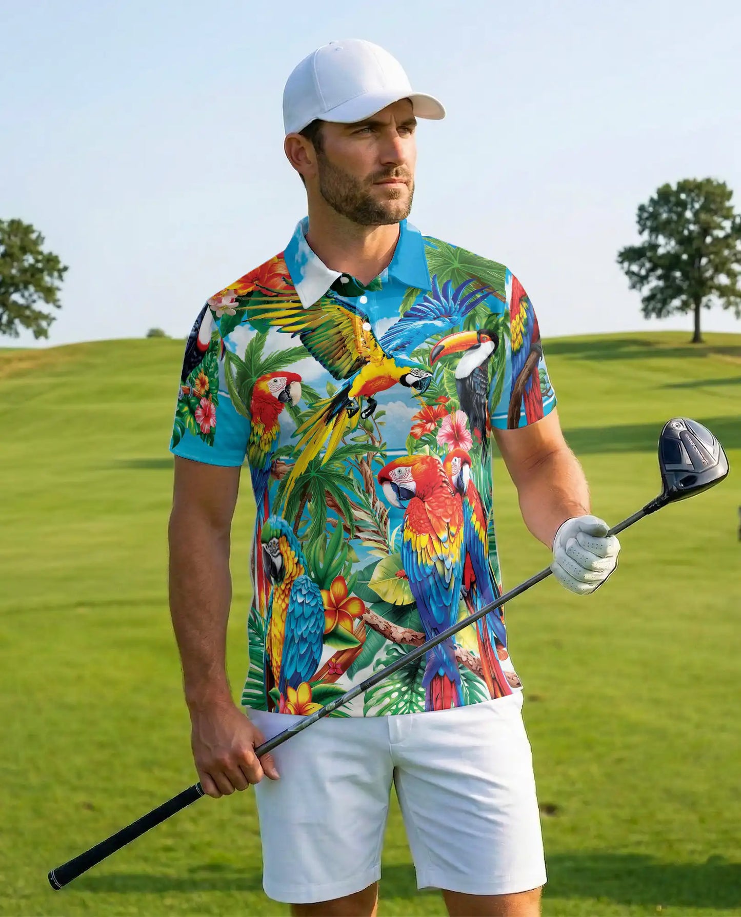 Tropical Parrot Polo Shirt for Men, Jungle Vacation Style | Azhawaiian