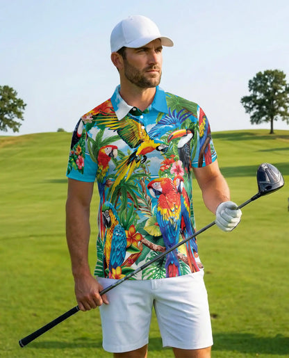 Tropical Parrot Polo Shirt for Men, Jungle Vacation Style | Azhawaiian