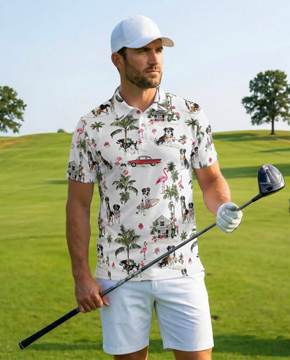 Bernese Mountain Dog Polo Shirt, Tropical Beach Print | Azhawaiian