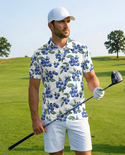 Blueberry Fruit Hawaiian Polo Shirt for Men, Tropical Summer Style | Azhawaiian