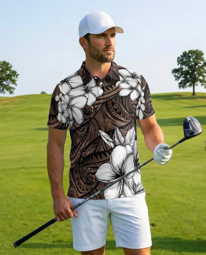 Polynesian Plumeria Polo Shirt For Men-Tribal Island Flower Tropical Aloha | Azhawaiian