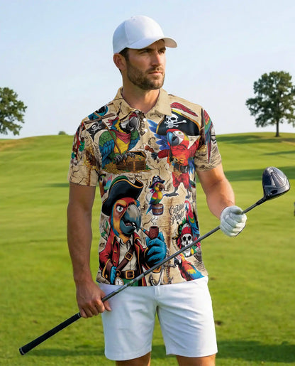 Pirate Parrot Polo Shirt for Men, Treasure Map Party Style | Azhawaiian
