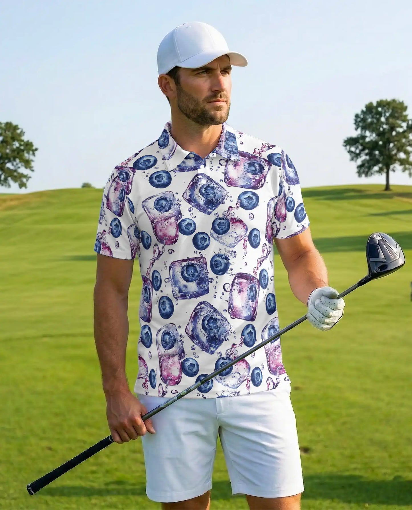 Blueberry Ice Polo Shirt for Men, Azhawaiian Hawaiian Summer Shirt | Azhawaiian