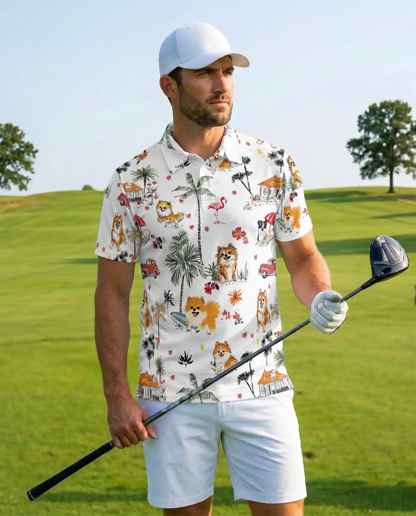 Tropical Cats Hawaiian Polo Shirt for Men, Colorful Island Design | Azhawaiian