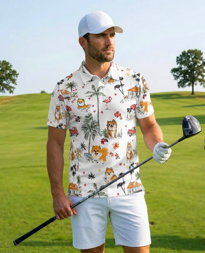Tropical Cats Hawaiian Polo Shirt for Men, Colorful Island Design | Azhawaiian