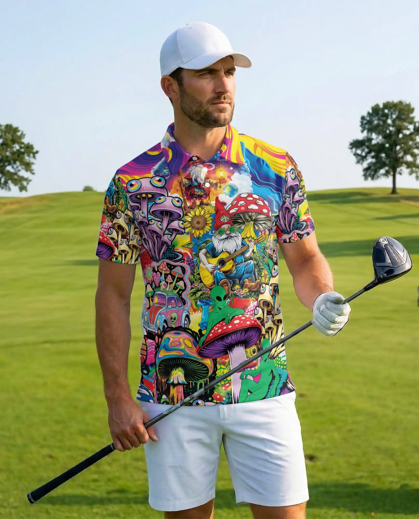 Mushroom Gnome Polo Shirt for Men, Colorful Alien Art | Azhawaiian