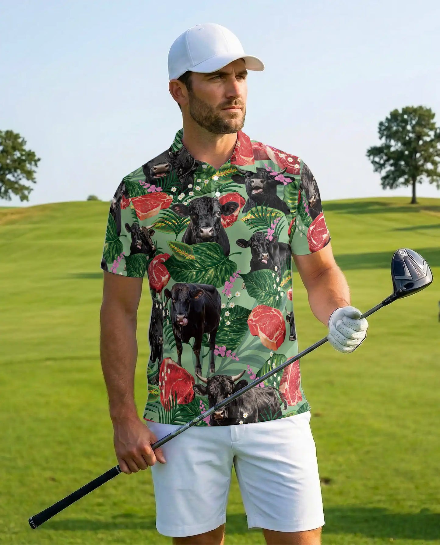 Tropical Black Angus Cattle Polo Shirt for Men, Funny Cow Meat Print | Azhawaiian