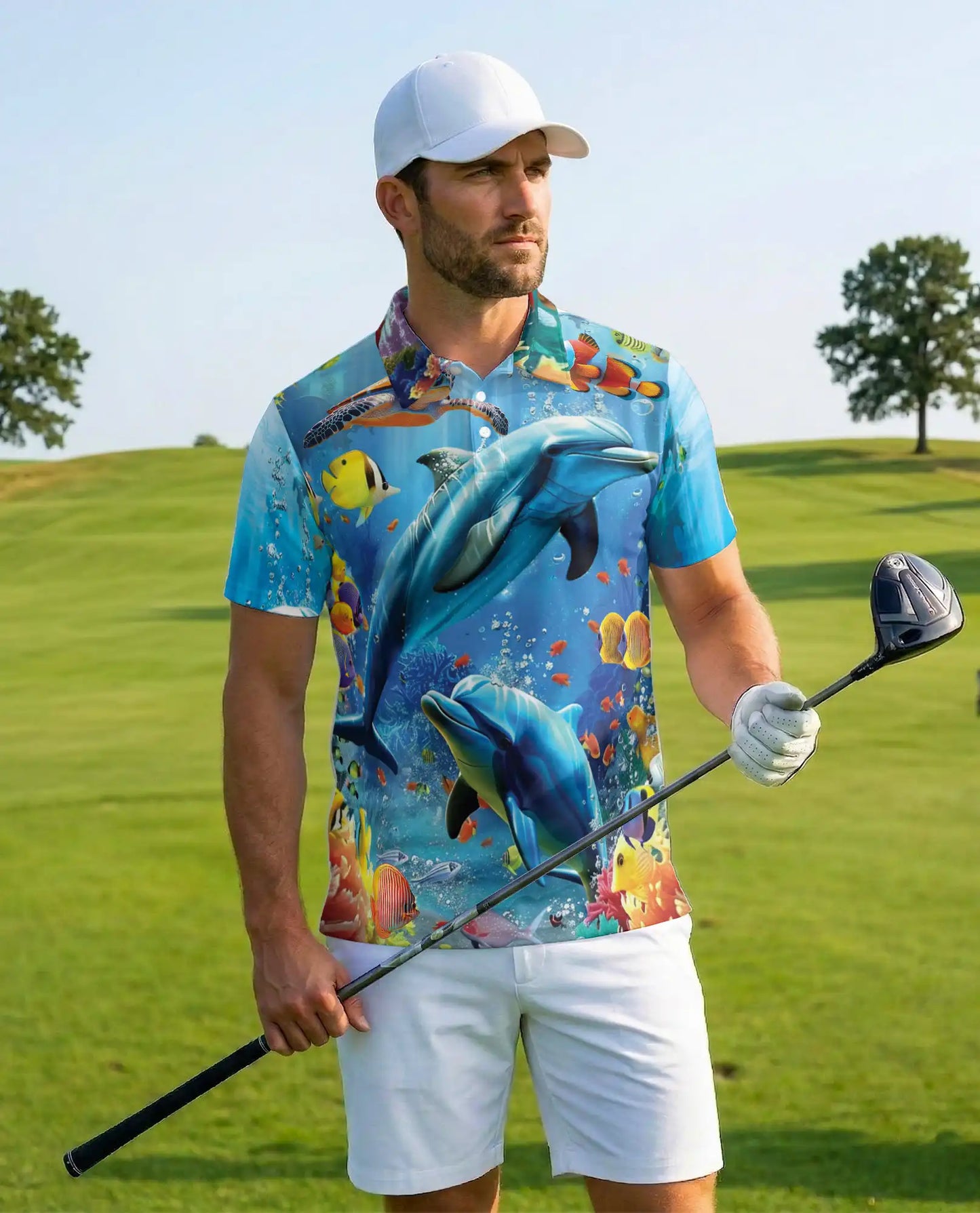 Underwater Dolphin Polo Shirt for Men, Tropical Ocean Sea Style | Azhawaiian