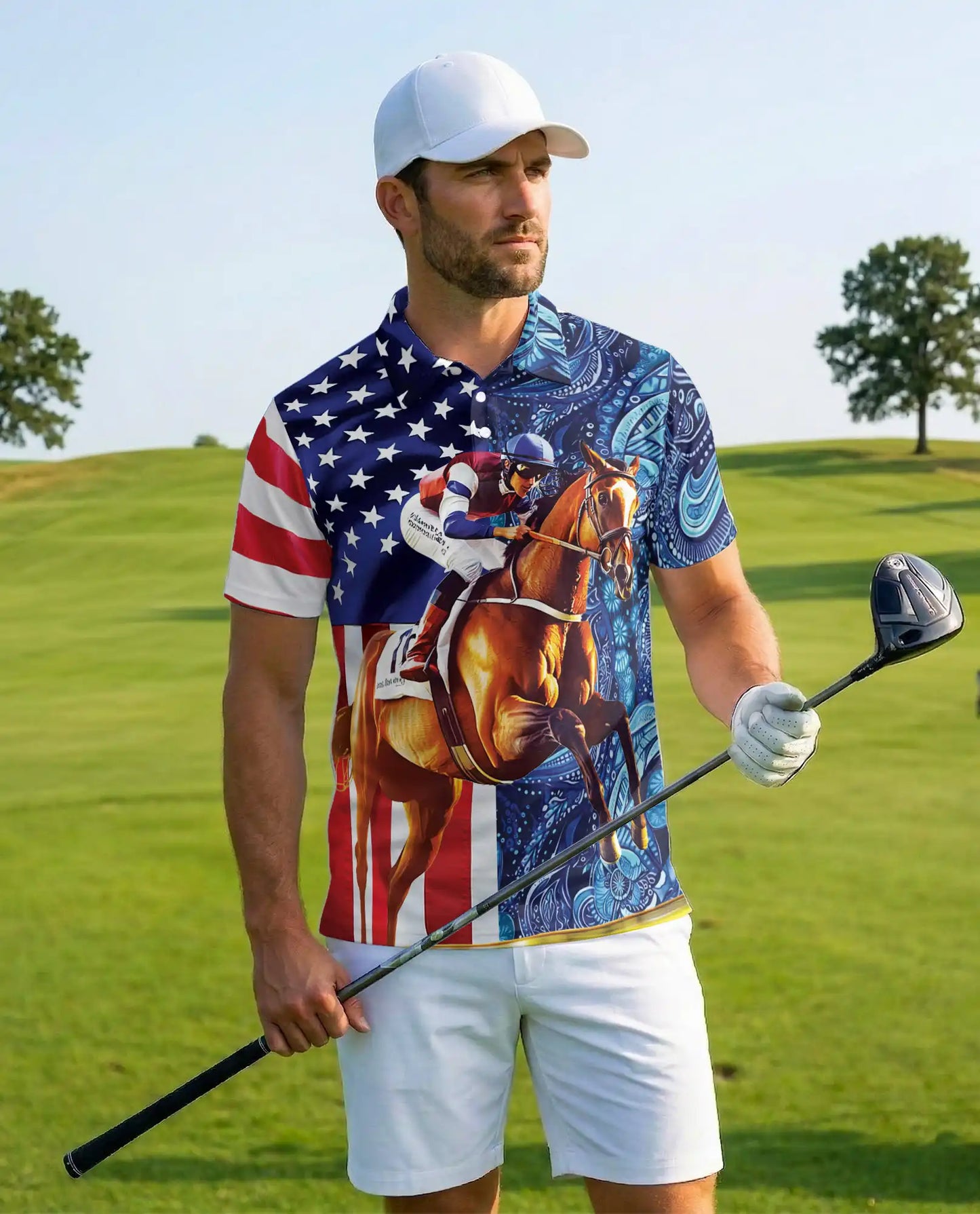 American Flag Horse Racing 3D Polo Shirt for Men | Azhawaiian