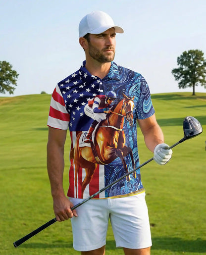 American Flag Horse Racing 3D Polo Shirt for Men | Azhawaiian