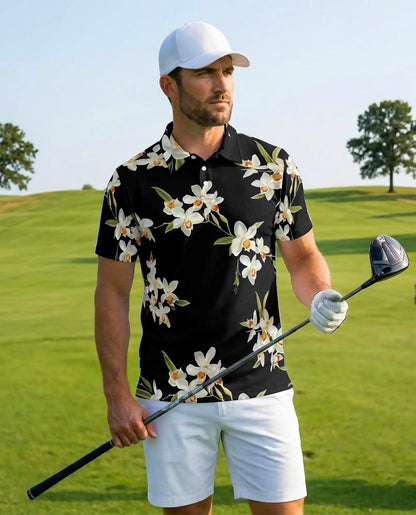 White Orchid Polo Shirt - Elegant Tropical Floral Style | Azhawaiian
