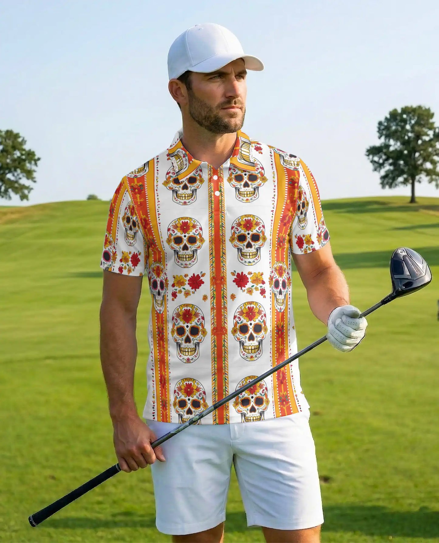 Floral Sugar Skull Polo Shirt - Day of the Dead Style | Azhawaiian
