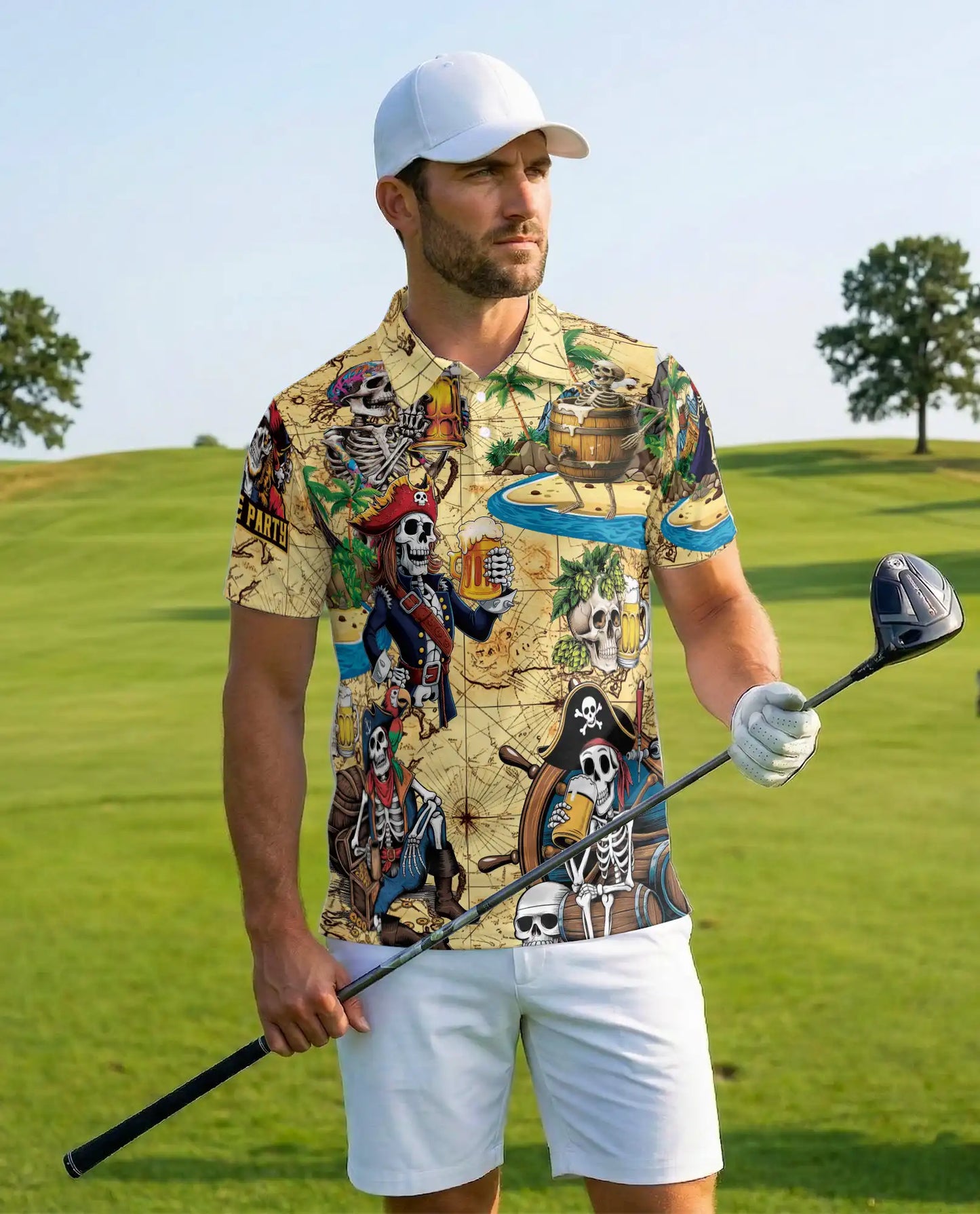 Skeleton Pirate Polo Shirt for Men, Treasure Map Party Style | Azhawaiian