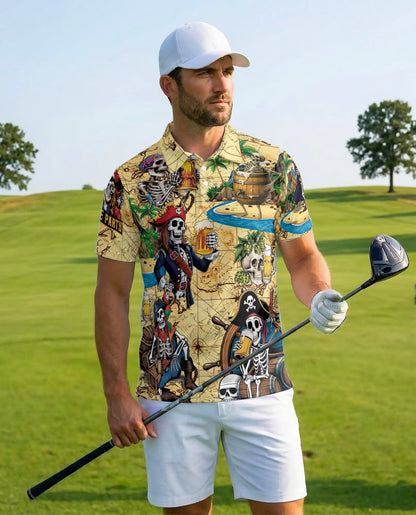 Skeleton Pirate Polo Shirt for Men, Treasure Map Party Style | Azhawaiian