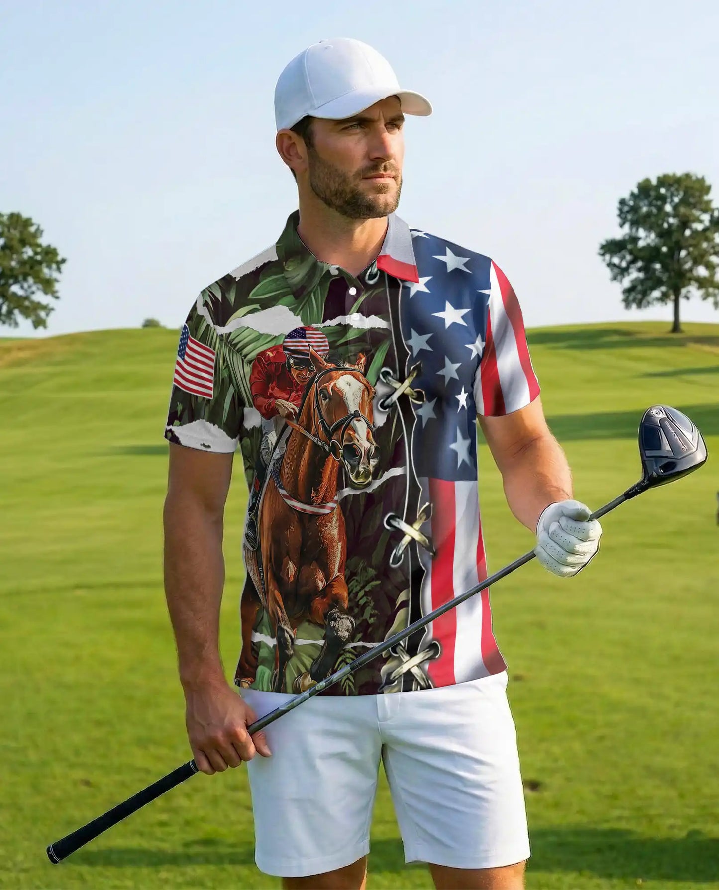 Tropical Horse Racing 3D Polo Shirt for Men, USA Flag Theme | Azhawaiian