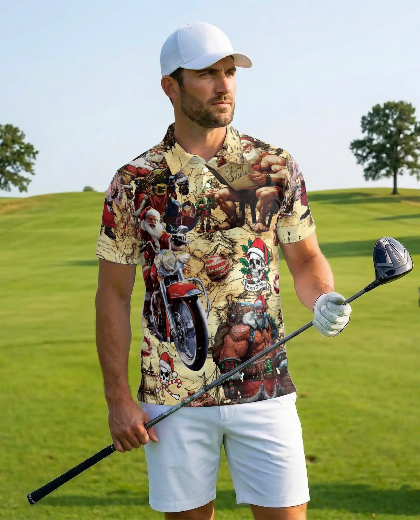 Santa Biker Polo Shirt for Men, Christmas Party Style | Azhawaiian