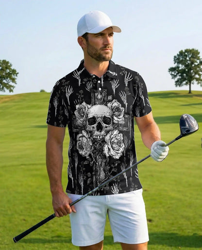 Gothic Skull Cross Polo Shirt - Dark Floral Horror Style | Azhawaiian