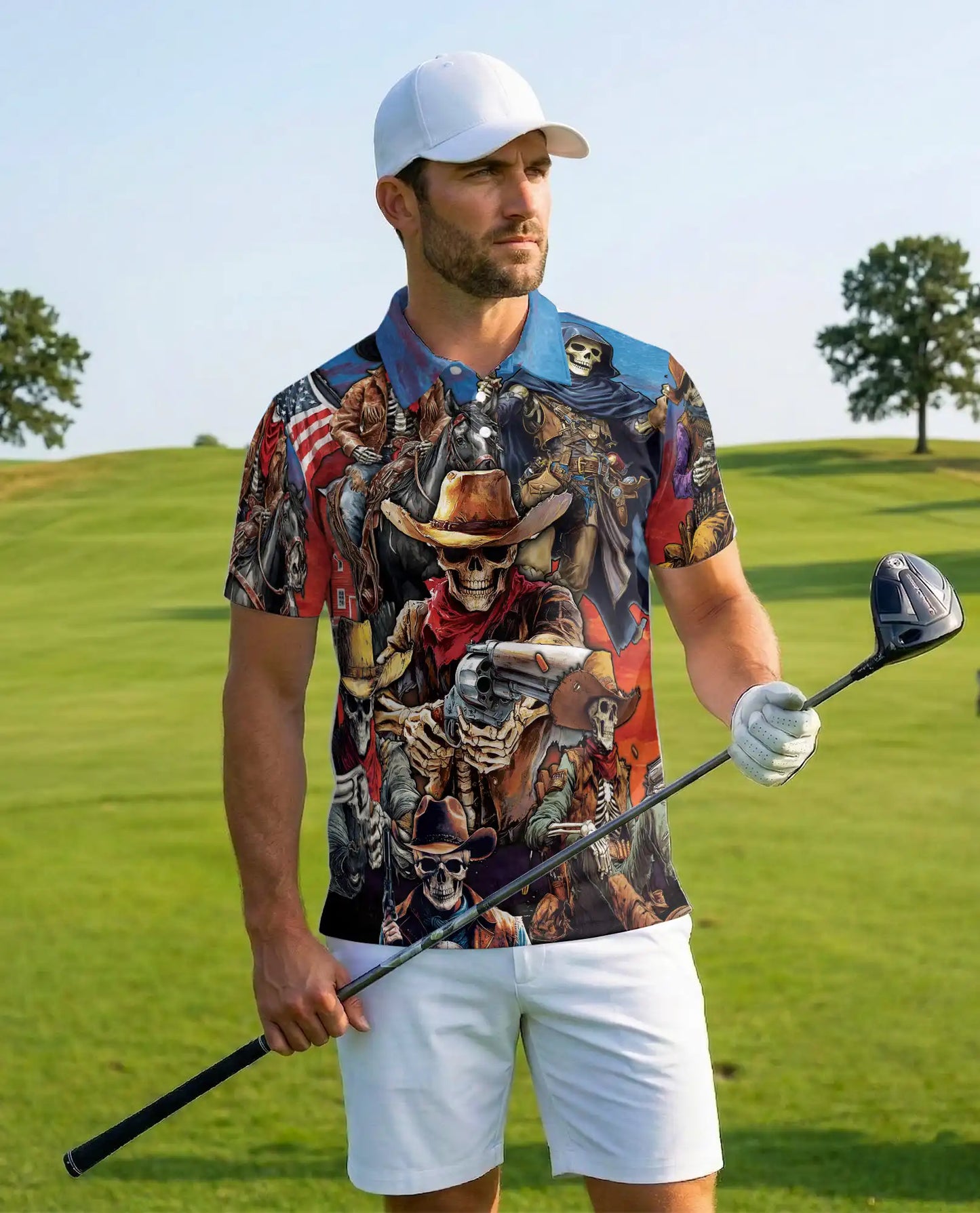 Skeleton Cowboy Polo Shirt - Wild West Outlaw Style | Azhawaiian