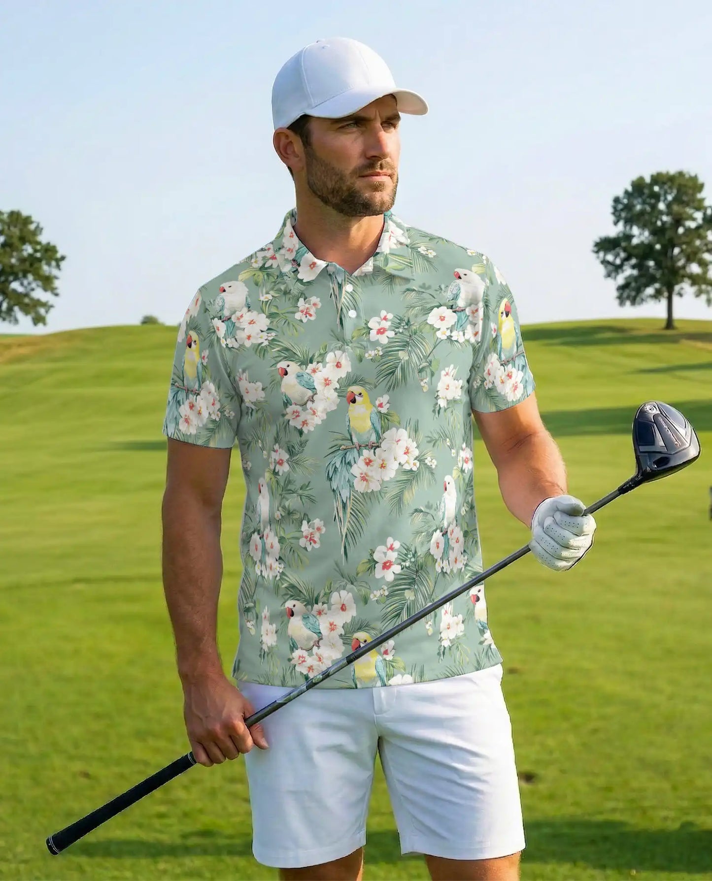 Tropical Parakeet Polo Shirt - Floral Bird Garden Style | Azhawaiian